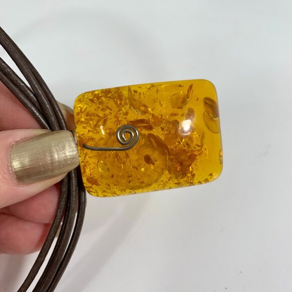 Amber Resin Pendant Necklace With Multi-Strand Brown Cord & Swirl Wire Accent - Picture 3 of 4